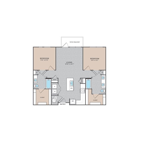 Floor plan for 2 beds, 2 baths, 1123 sqft